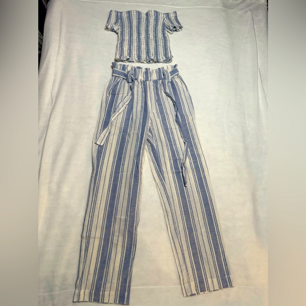 Light Blue Stripes Pants and Top Sets